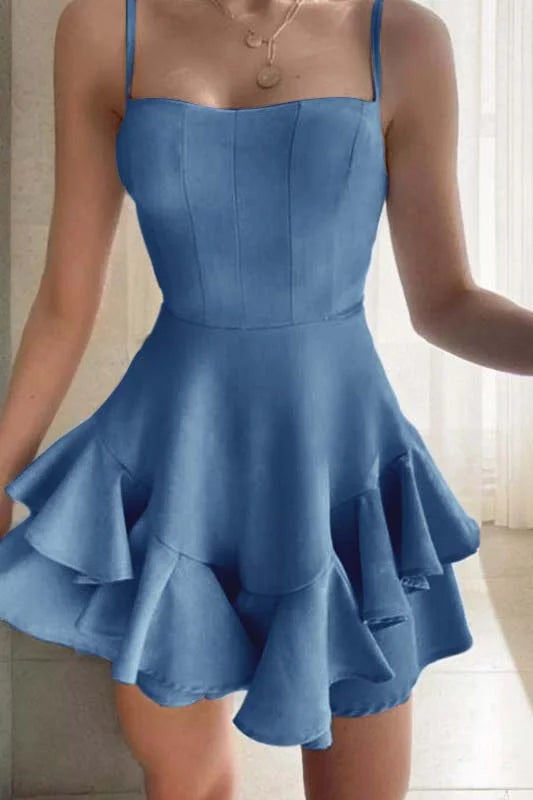Slim Sky Blue Satin Spaghetti Strap Sleeveless Short Homecoming Dress With Ruffles