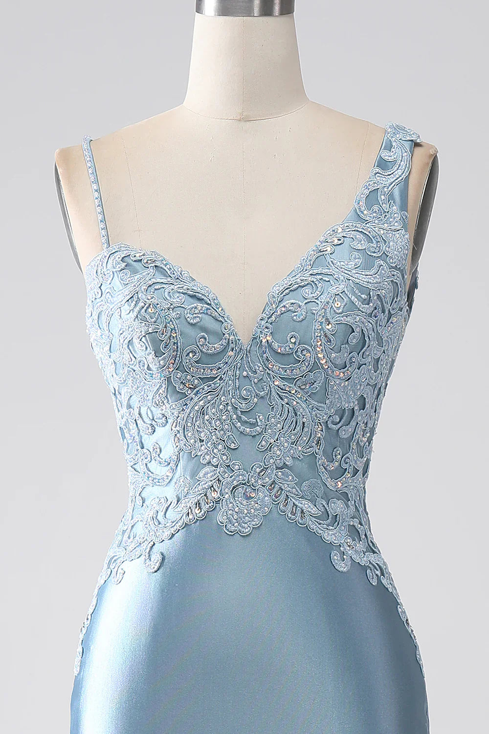 DingJiDress Grey Blue Mermaid Spaghetti Straps Long Beaded Prom Dress With Appliques