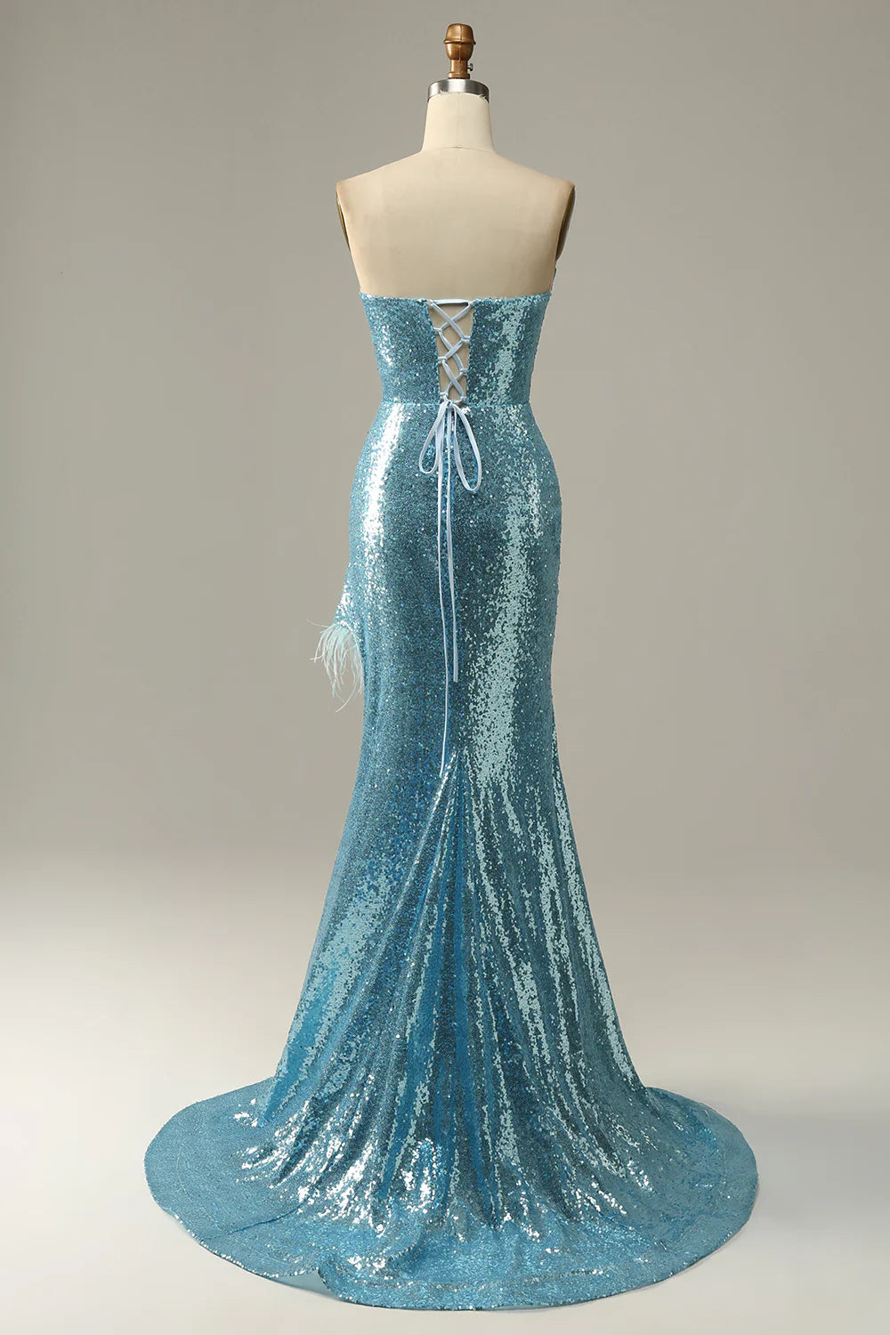 DingJiDress Sky Blue Sweetheart Sequined Mermaid Prom Dress With Feathers
