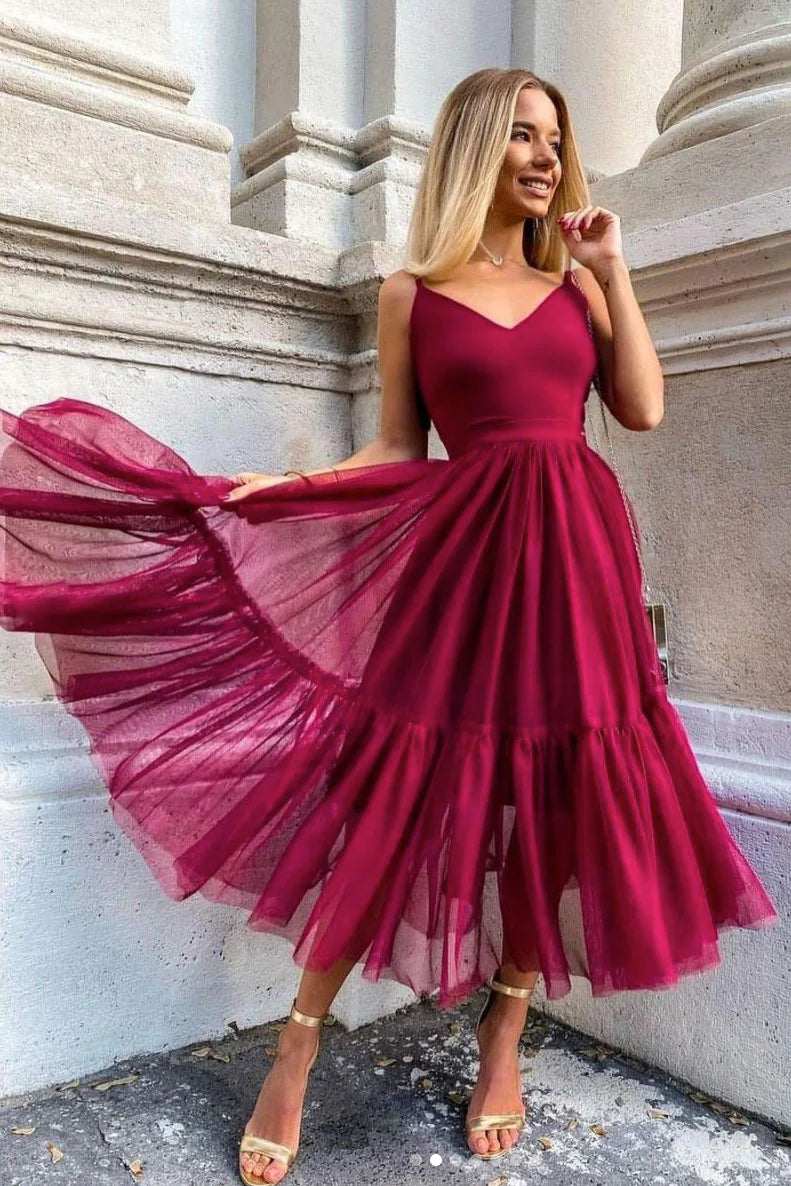Simple burgundy v neck tulle prom dress burgundy evening dress ﻿