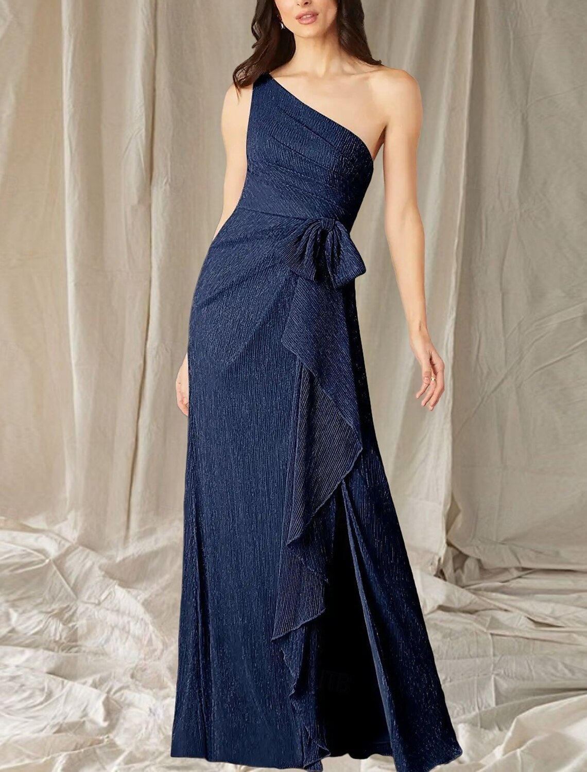 A-Line Mother of the Bride Dress Wedding Guest Elegant High Split One Shoulder Floor Length Stretch Chiffon Sleeveless with Ruffles Split Front Ruching