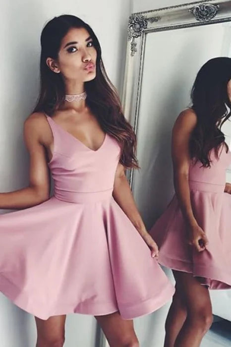 Simple V Neck Sleeveless Homecoming Cute Mini Prom Gown Cheap Party Dress