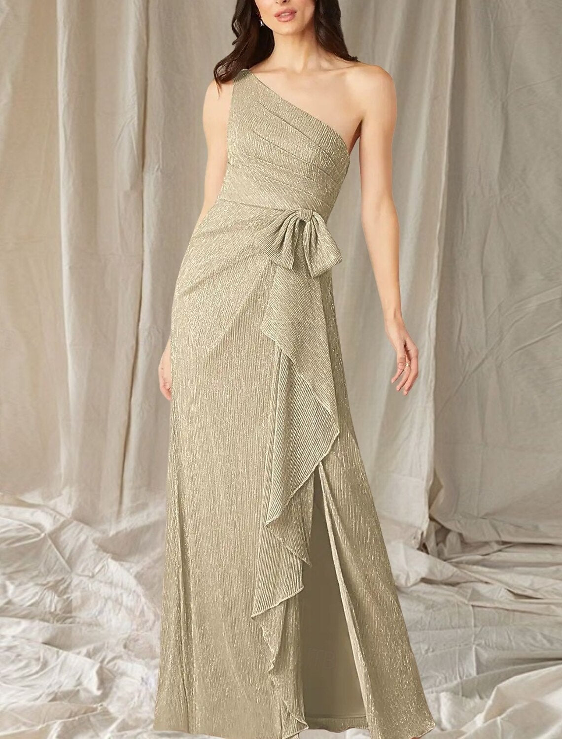 A-Line Mother of the Bride Dress Wedding Guest Elegant High Split One Shoulder Floor Length Stretch Chiffon Sleeveless with Ruffles Split Front Ruching