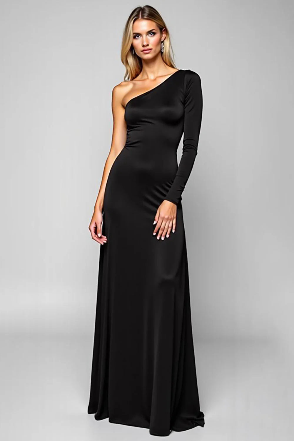 Simple Black Satin One Shoulder Long Sheath Prom Dress with Sleeves