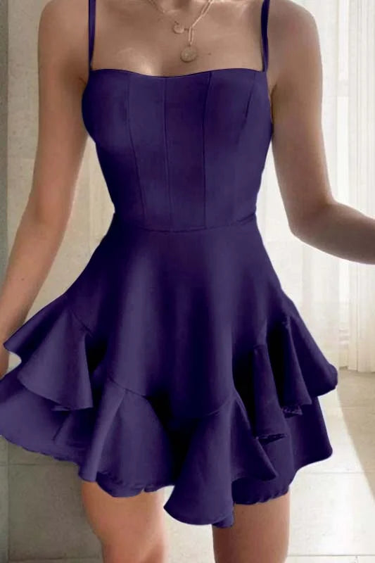 Slim Sky Blue Satin Spaghetti Strap Sleeveless Short Homecoming Dress With Ruffles