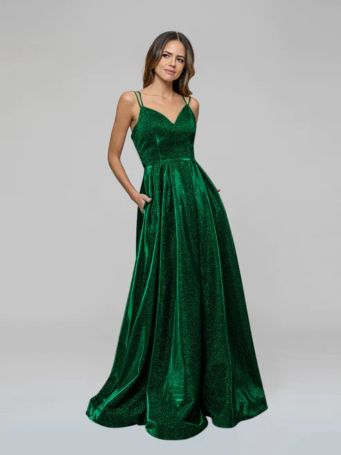 DingJiDress V-neck Sparkly A Line Long Prom Dresses Glitter Ball Gown