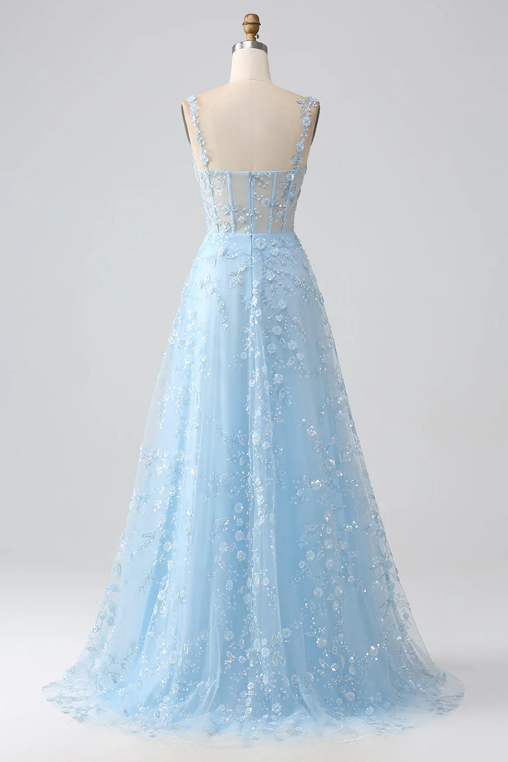 DingJiDress Sparkly Blue A Line Spaghetti Straps Sequin Corset Prom Dress With Slit