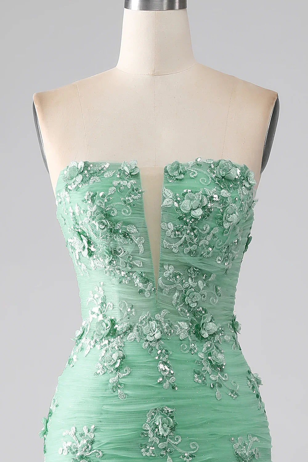 DingJiDress Green Mermaid Strapless Tulle Long Prom Dress with Appliques