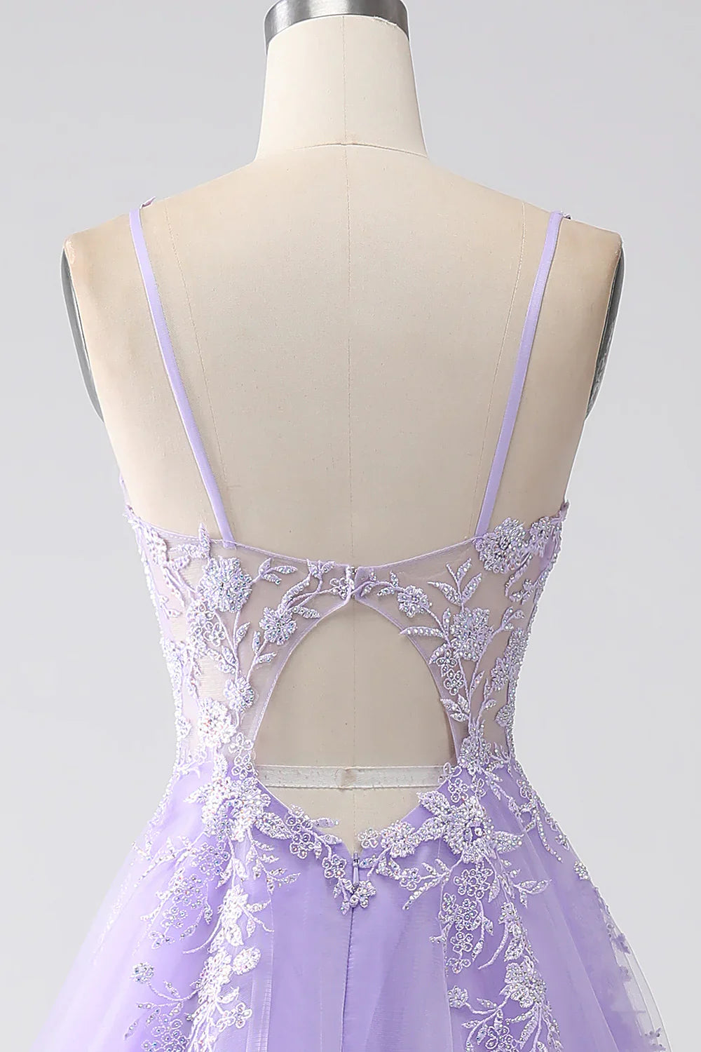 DingJiDress Lilac A-Line Spaghetti Straps Tulle Long Prom Dress with Appliques