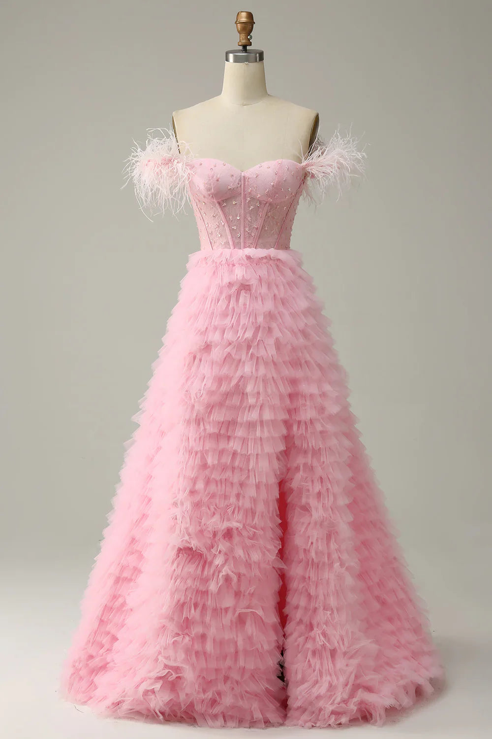 DingJiDress A Line Off the Shoulder Pink Corset Prom Dress with Ruffled Feathers