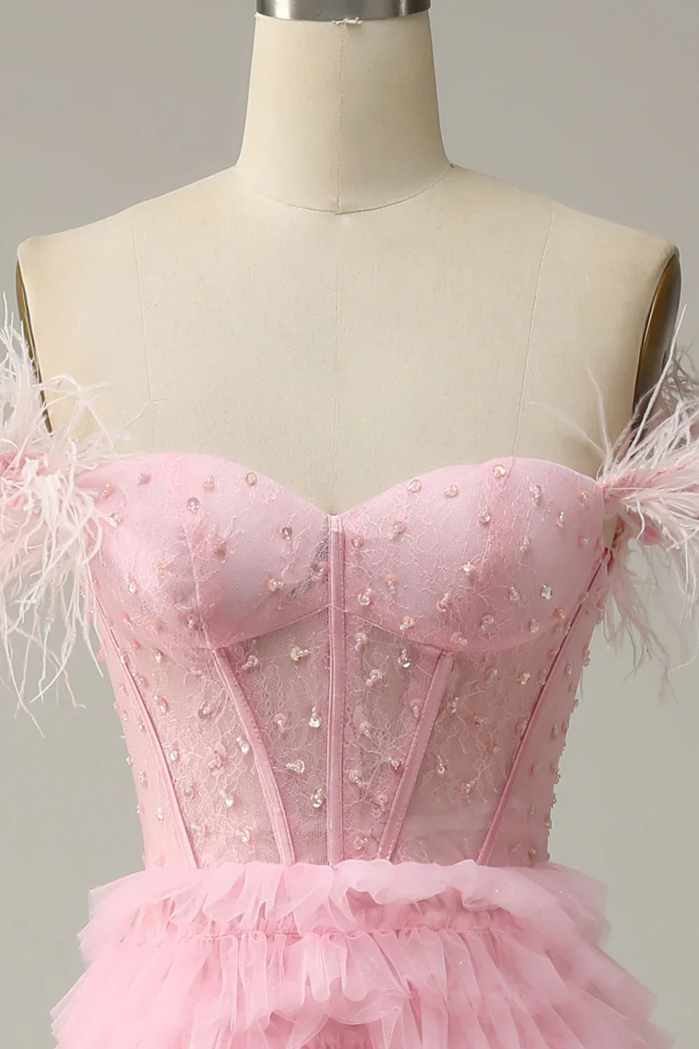 DingJiDress A Line Off the Shoulder Pink Corset Prom Dress with Ruffled Feathers
