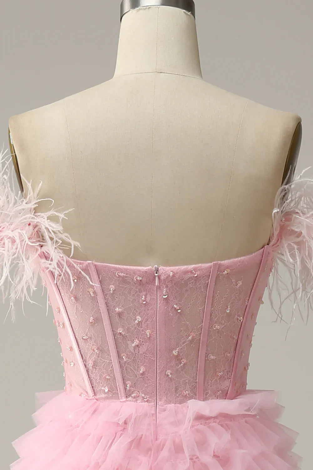 DingJiDress A Line Off the Shoulder Pink Corset Prom Dress with Ruffled Feathers