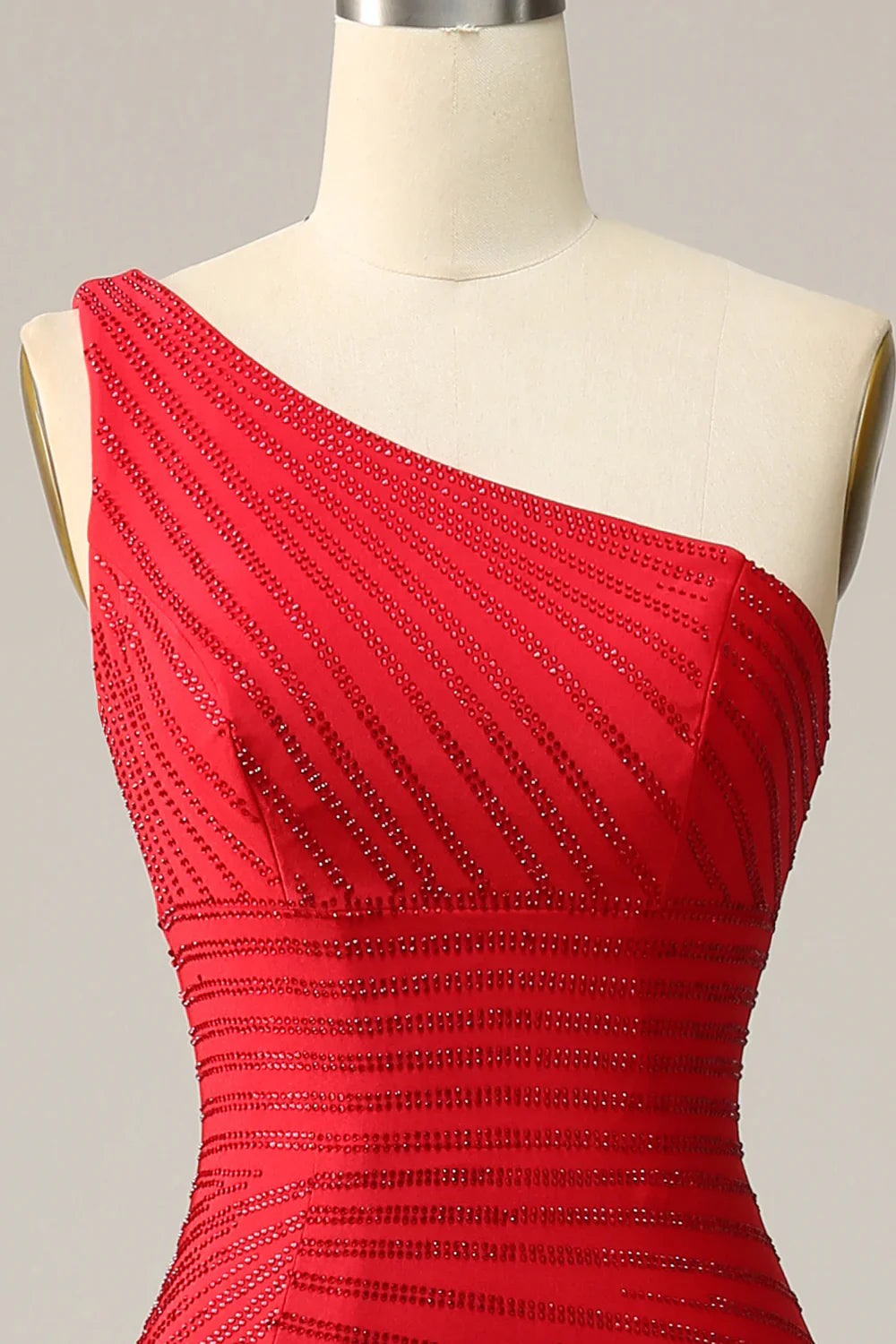 DingJiDress Mermaid One Shoulder Red Long Prom Dress with Beading