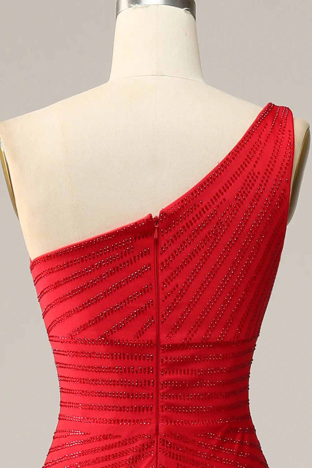 DingJiDress Mermaid One Shoulder Red Long Prom Dress with Beading