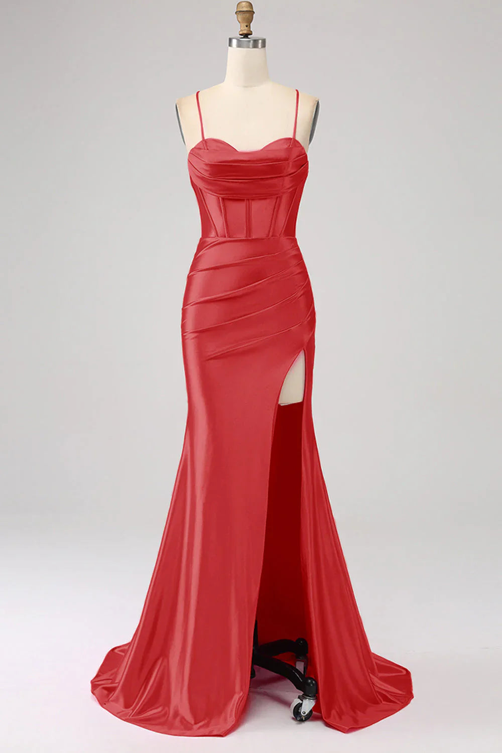 DingJiDress Stunning Red Mermaid Spaghetti Straps Corset Prom Dress with Split Front