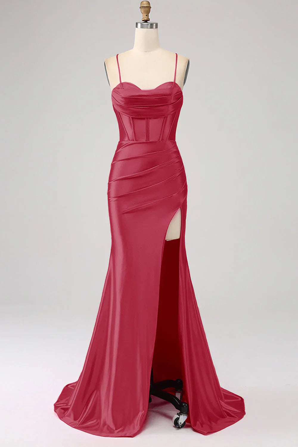 DingJiDress Stunning Red Mermaid Spaghetti Straps Corset Prom Dress with Split Front