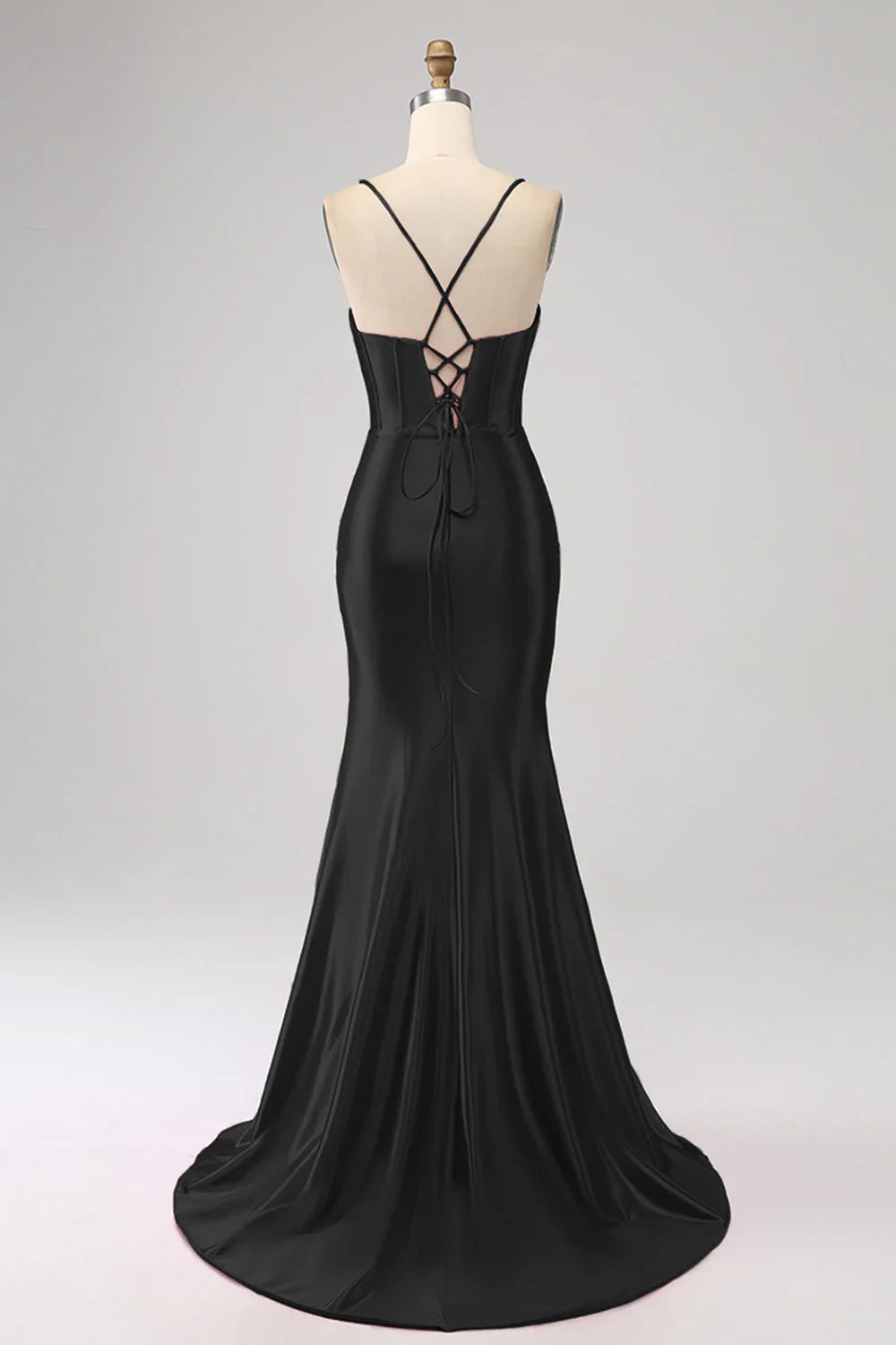 DingJiDress Stunning Black Mermaid Spaghetti Straps Corset Prom Dress with Split Front