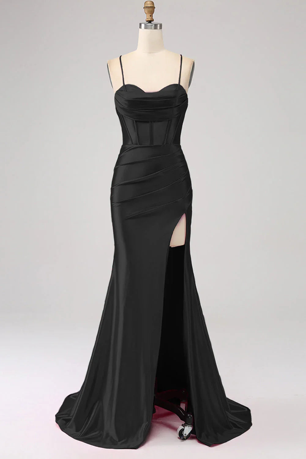 DingJiDress Stunning Black Mermaid Spaghetti Straps Corset Prom Dress with Split Front