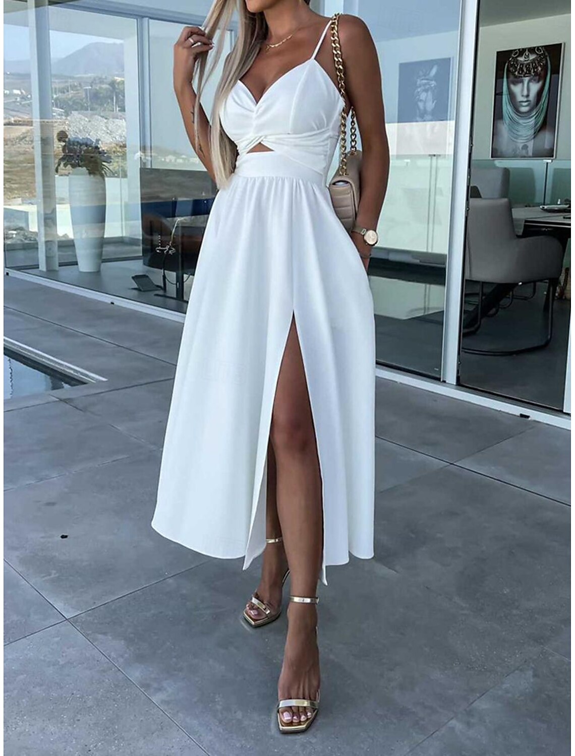 Women's Midi Dress White Dress Graduation Dress Slip Dress A Line Wedding Party Date Regular Fit Sleeveless Strap Black White Pink Fuchsia Summer