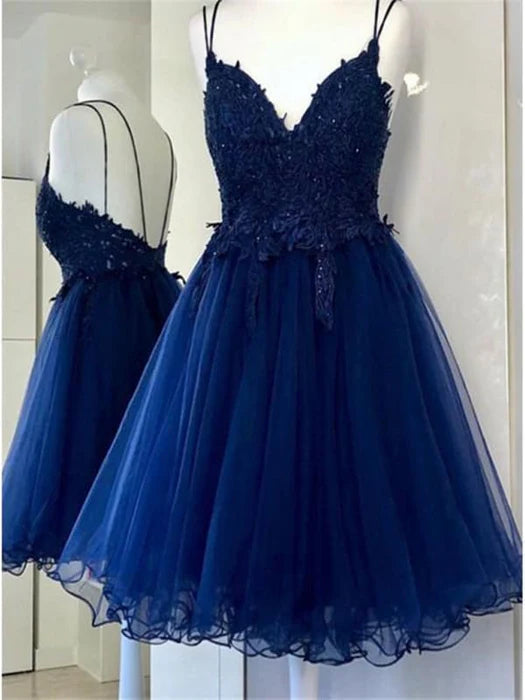 V Neck Backless Navy Blue Lace Prom Short Navy Blue Lace Homecoming Navy Blue Formal Evening