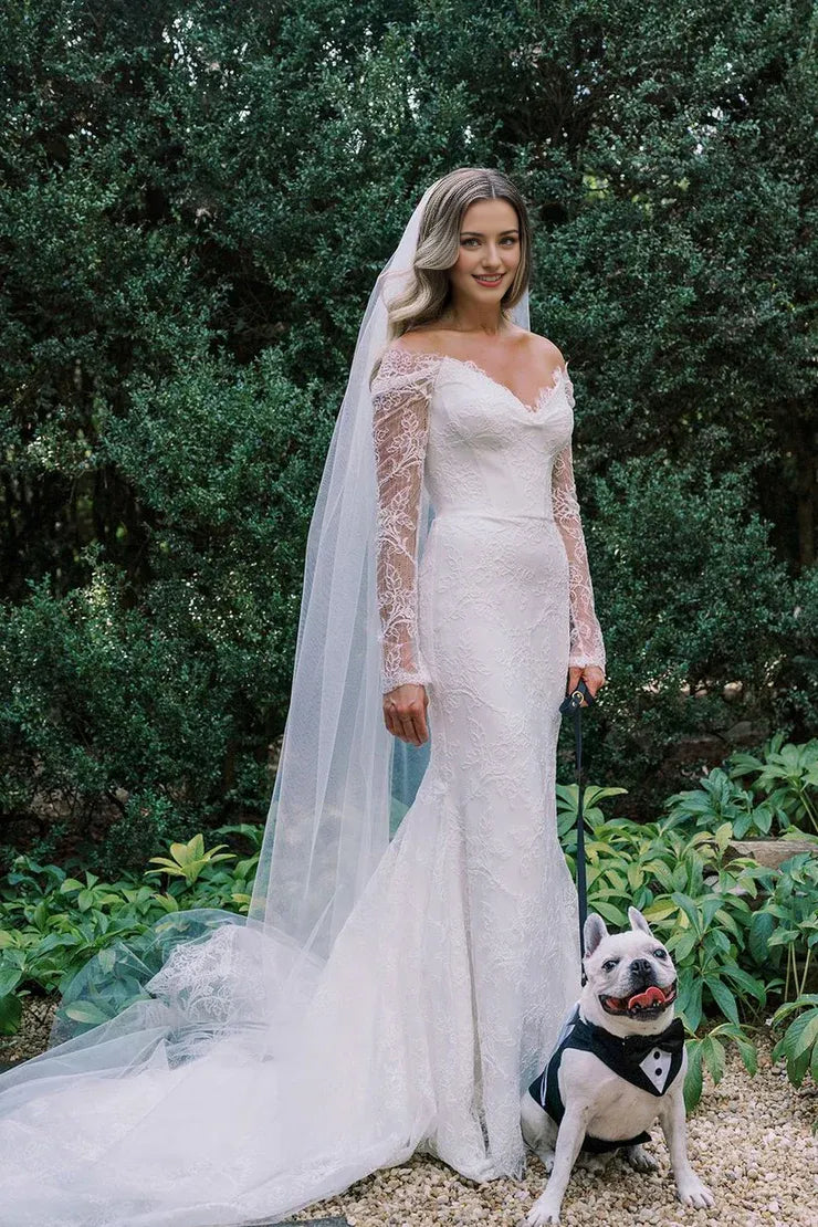 Mermaid V Neck Lace Long Wedding Dresses