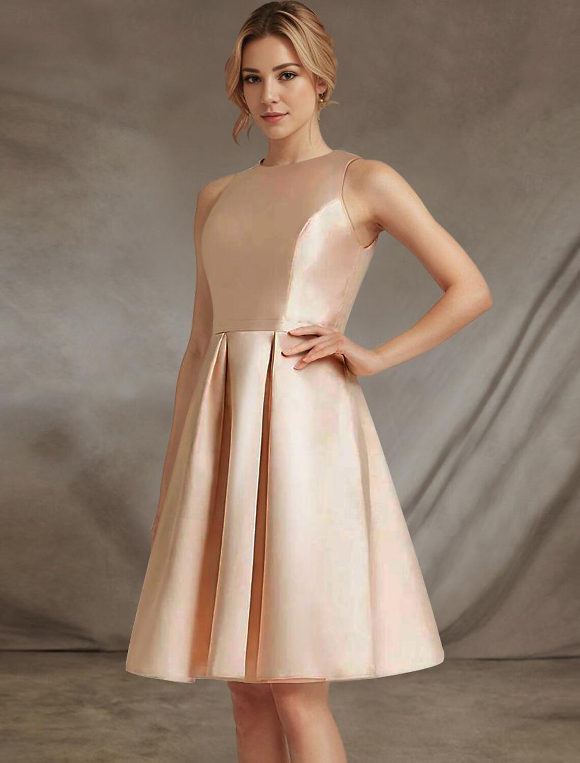 A-Line Cocktail Dresses Party Dress Wedding Guest Homecoming Short  Mini Sleeveless Jewel Neck Pink Dress Satin with Lace Insert Derby Dresses