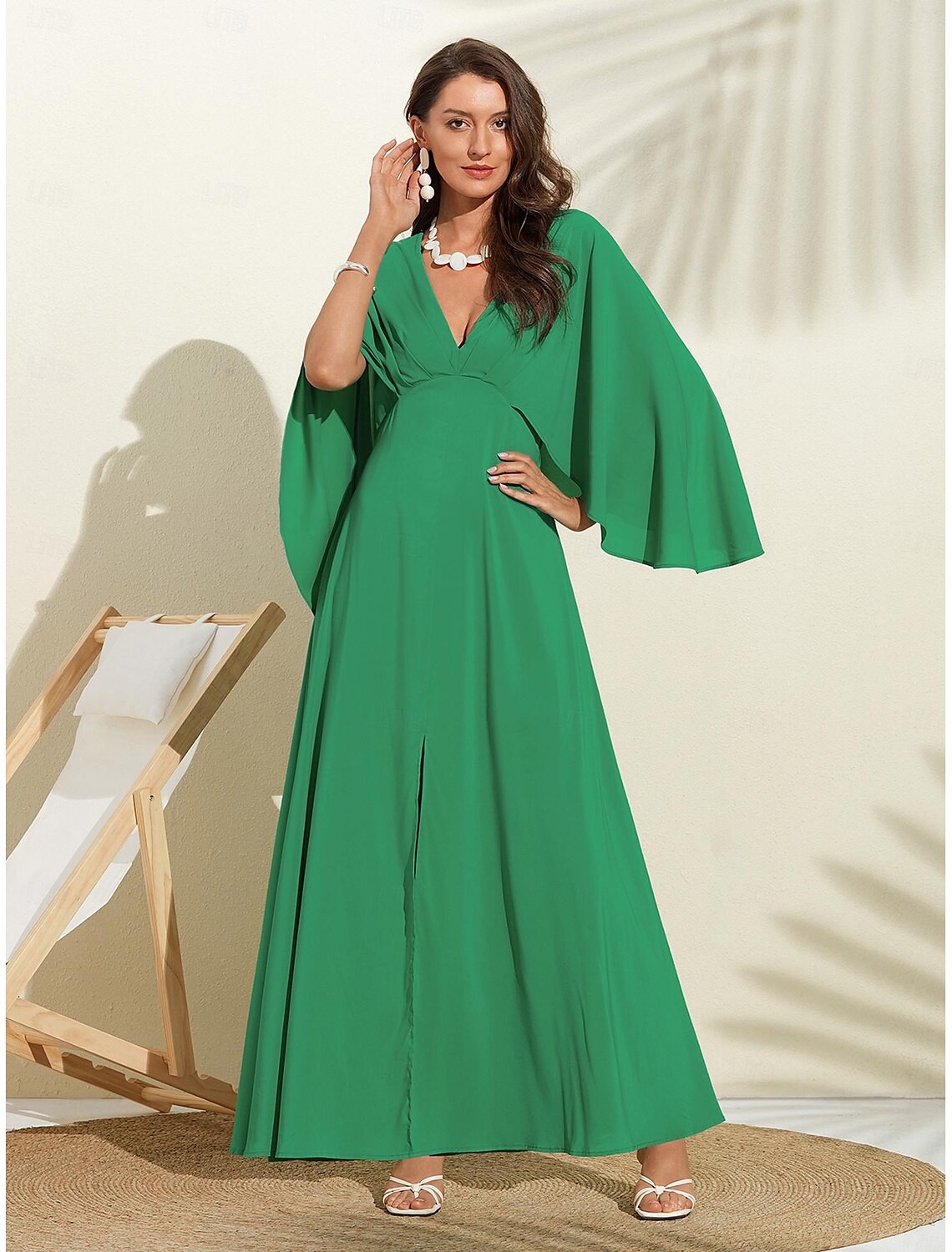 Women's Party/Wedding Guest Chiffon Dress Maxi Green V-Neck Dolman Sleeve Cape Design dress to impress