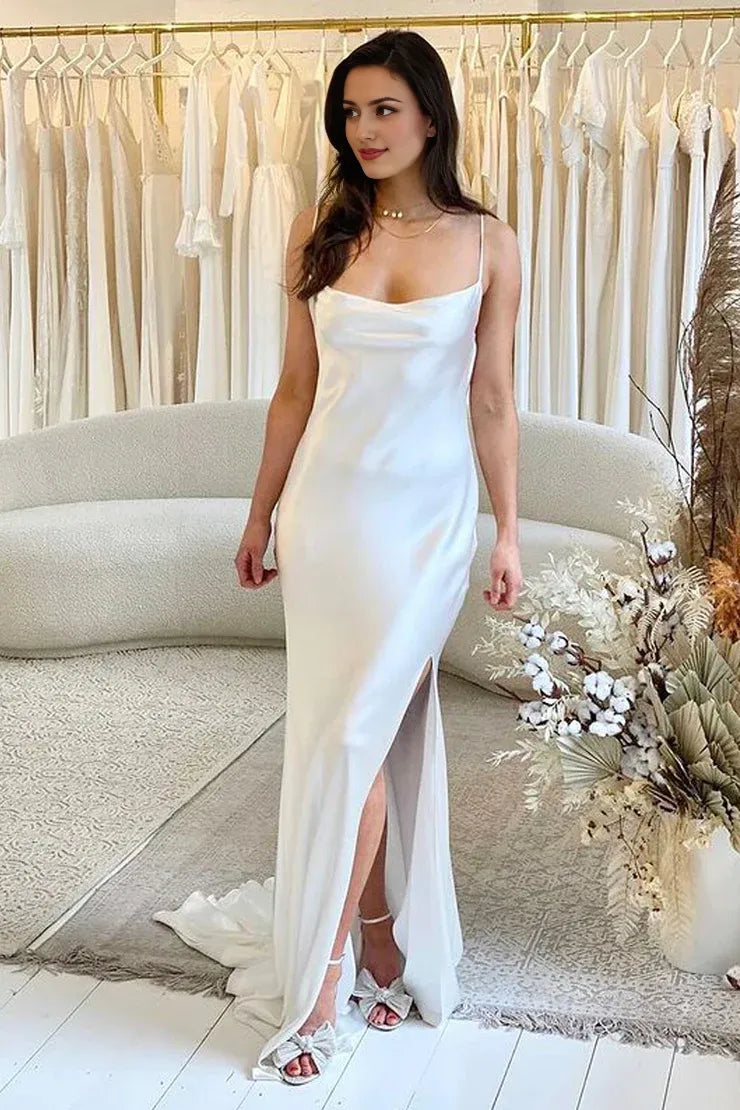Charming Mermaid Cowl Neck Silk Satin Wedding Dresses with Slit