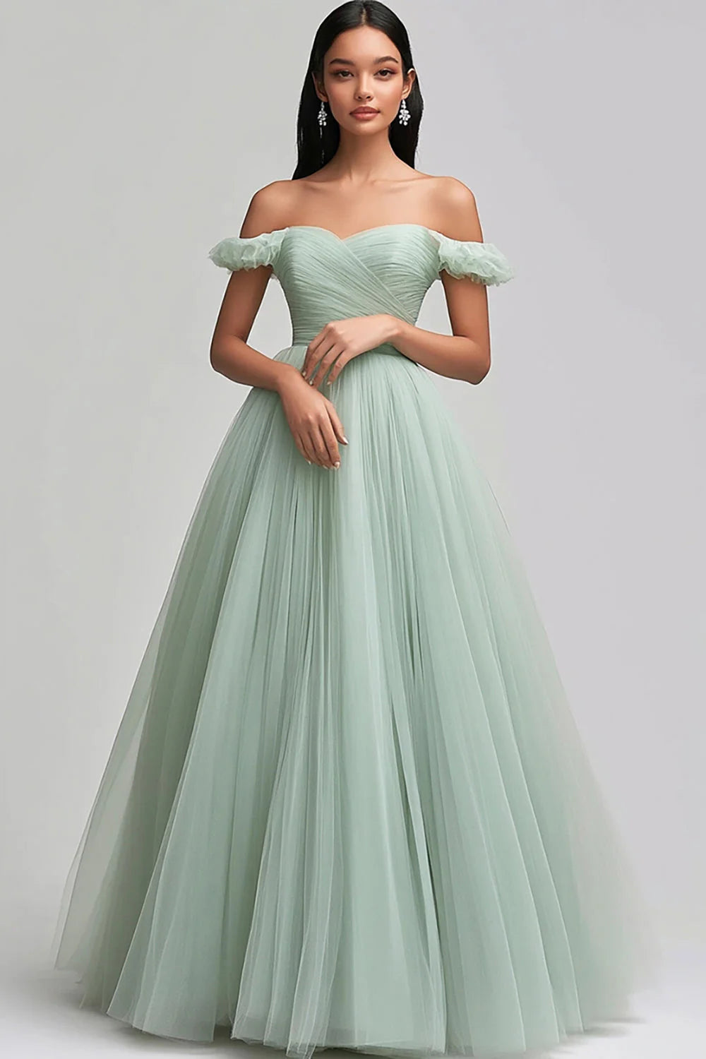 Light Green Tulle Off the Shoulder Long Prom Dress