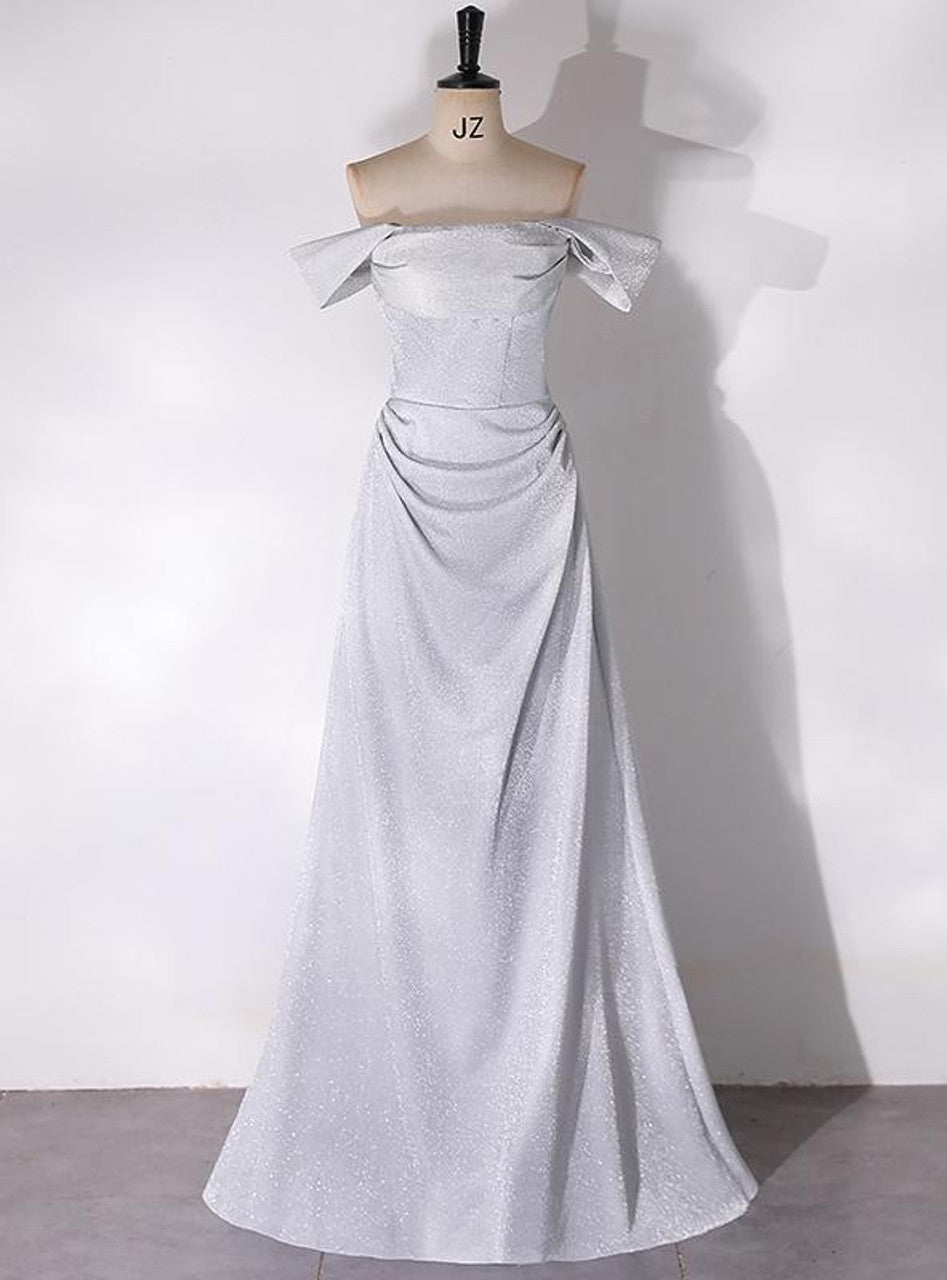 Silver Gray Off the Shoulder Pleats Prom Dress