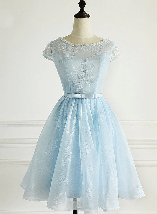 Light Blue Lace Knee Length Beaded Party DressBlue Homecoming Dresses
