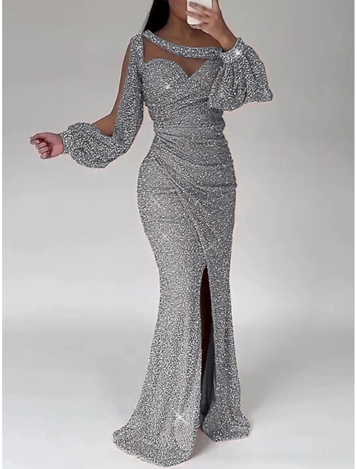 Mermaid Sequin Evening Gown Party Dress Formal Sweep / Brush Train Long Sleeve Scoop Neck with Glitter Ruched Slit Masquerade Dress