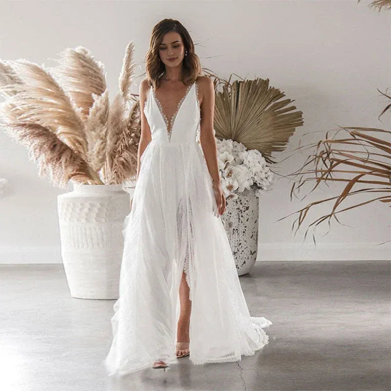 Woman Wedding Maxi Slip Dress Summer Sexy Bridesmaid Banquet White Split V Neck Backless Lace Female Long Elegant Evening Dress