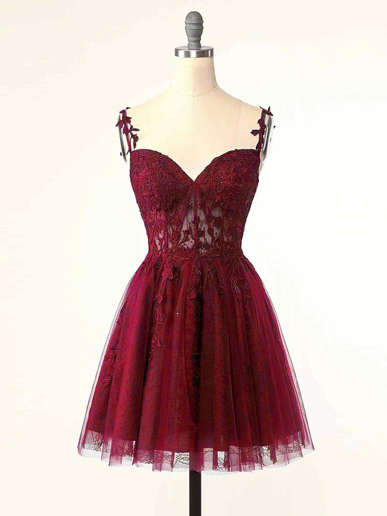 Burgundy A-Line Tulle Lace Short Prom Dress  Cute Burgundy Homecoming Dress ﻿