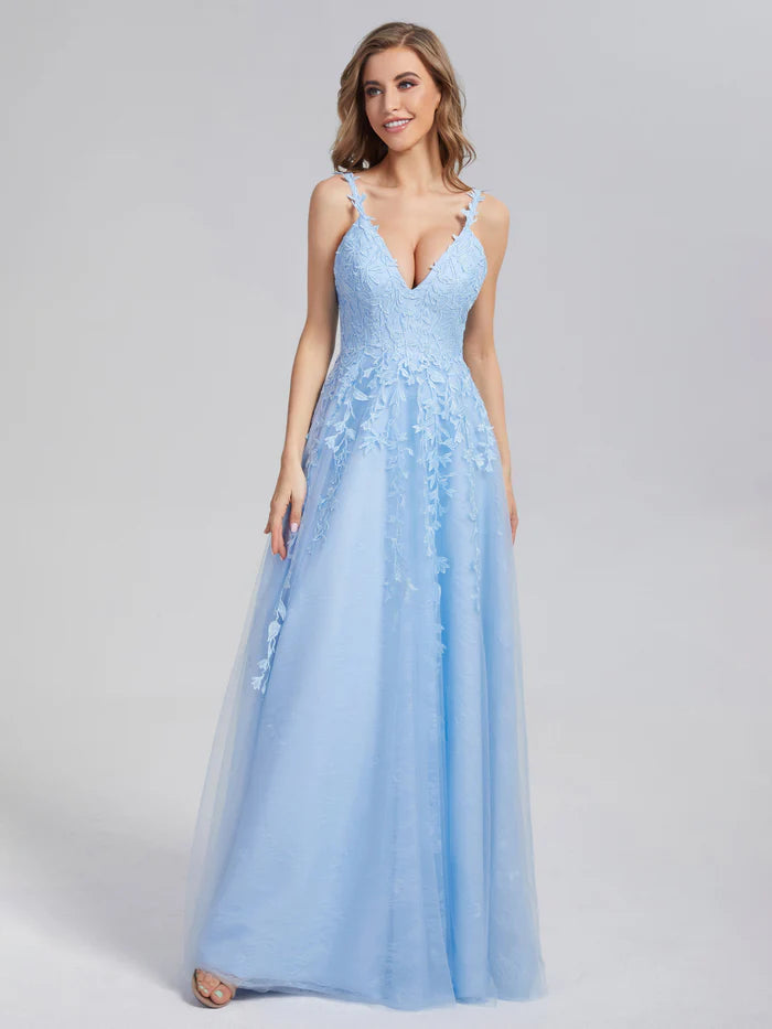 Charming A-Line V Neck Spaghetti Straps Back Zip Floor-Length Prom Dress with Appliques