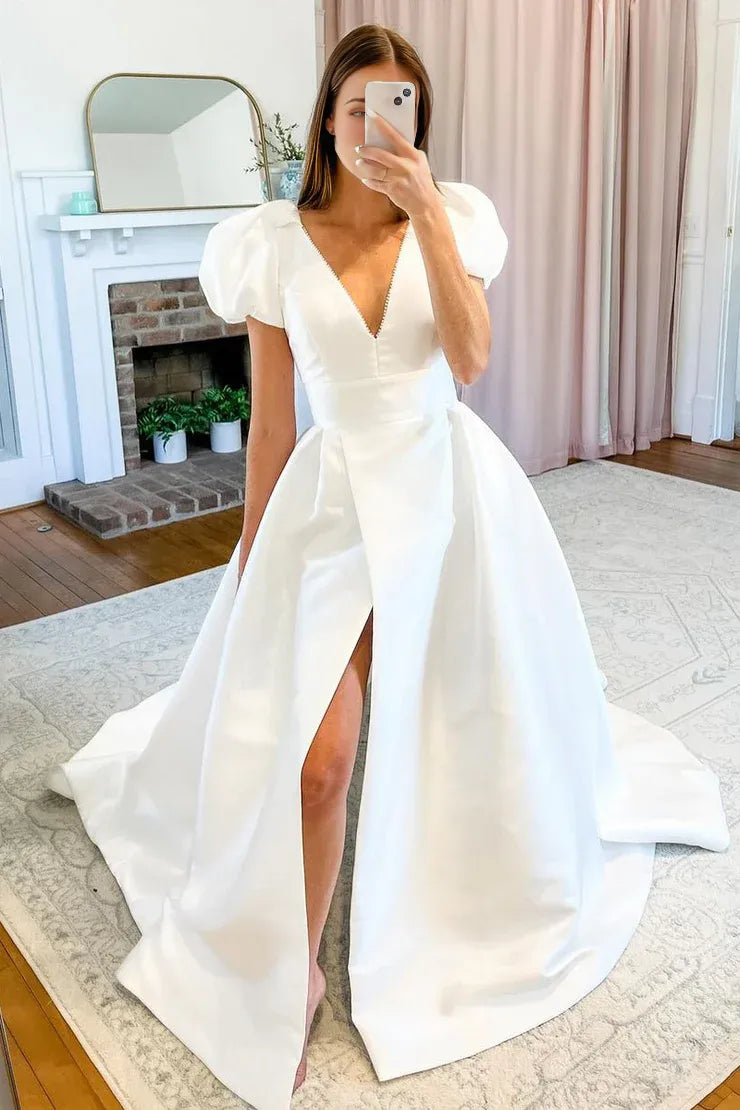 V Neck Puff Sleeves Wedding Dresses with Slit