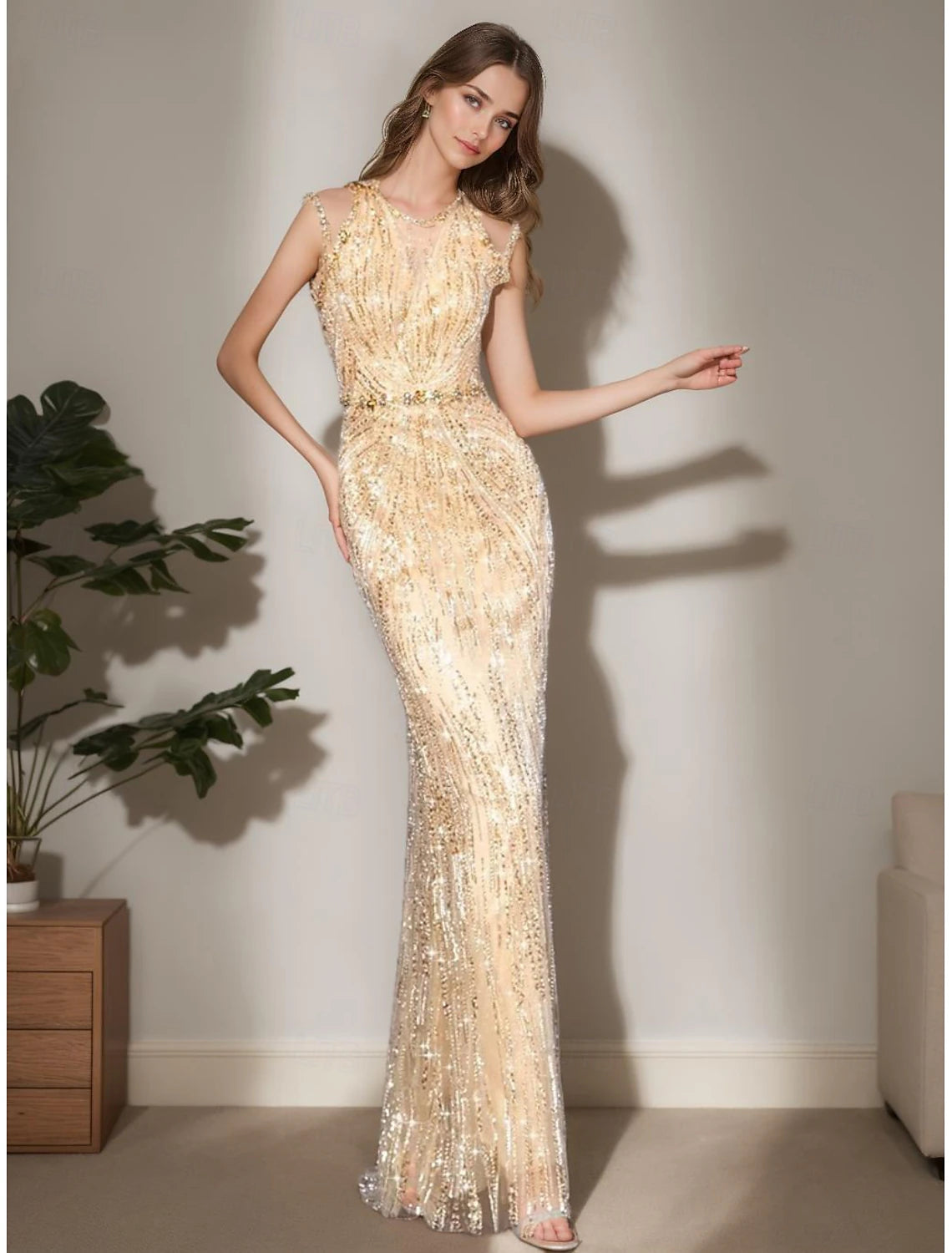 Mermaid / Trumpet Evening Gown Elegant Dress Wedding Guest Evening Party Floor Length Sleeveless Crew Neck Lace with Beading Sequin