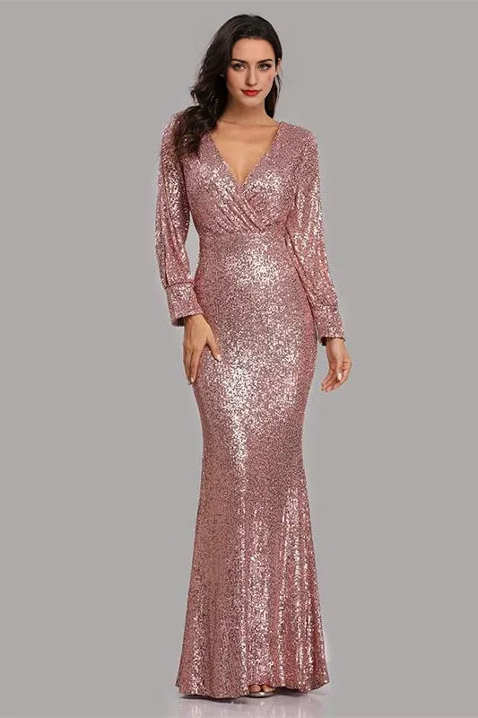 Long Sleeve V Neck Sequined Fishtail Evening Dress