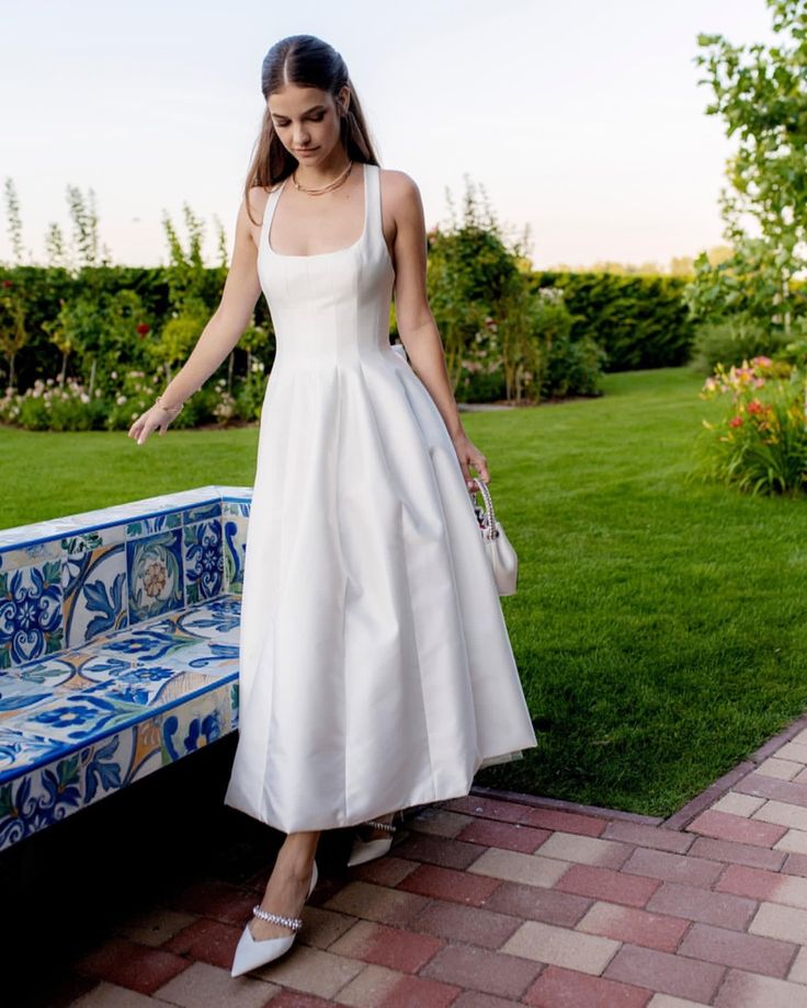 Satin Tulle Midi Wedding Dress Simple Square Neckline Tea Length Formal Prom Dress