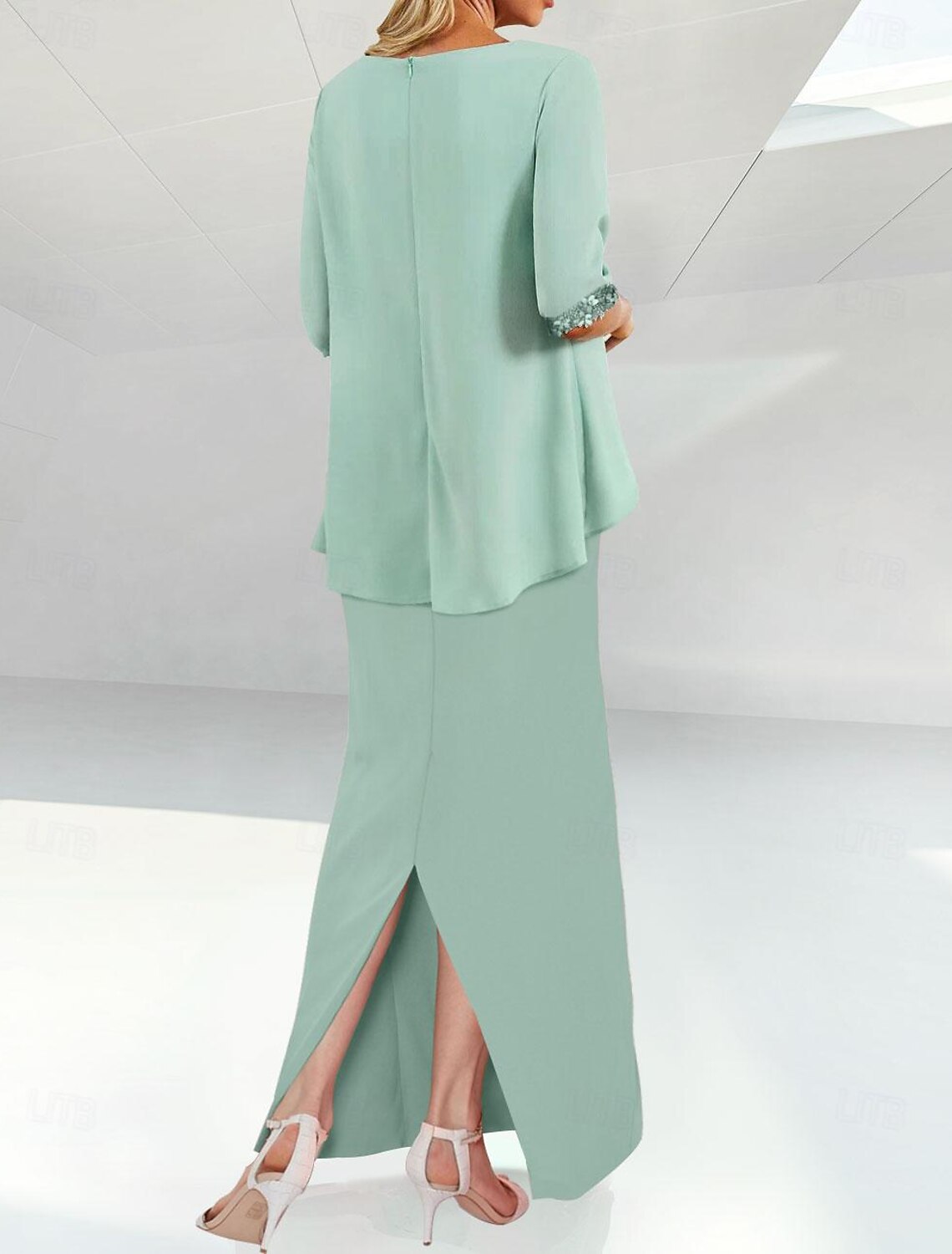 Beach Wedding Sheath Mother of the Bride Dress Elegant Jewel Neck Floor Length Chiffon Half Sleeve with Sequin Ruching