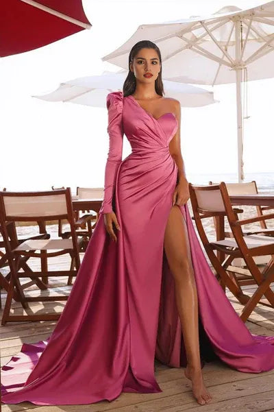 One Shoulder Satin Front Split Evening Party Dresses with Sweep Train ?