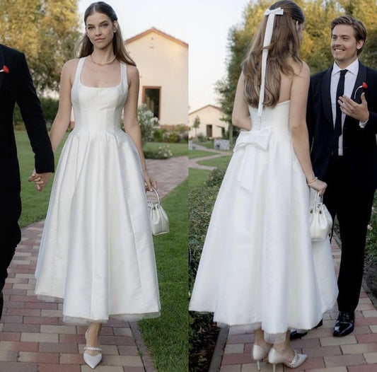 Satin Tulle Midi Wedding Dress Simple Square Neckline Tea Length Formal Prom Dress