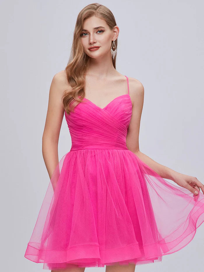 Spaghetti Strap V Neck Tulle Homecoming Dresses