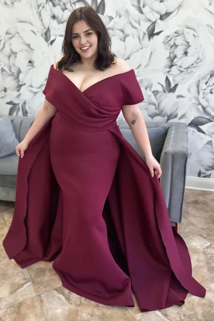 Mulberry Portrait Surplice Mermaid Long Mother of the Bride Dress with Scarf