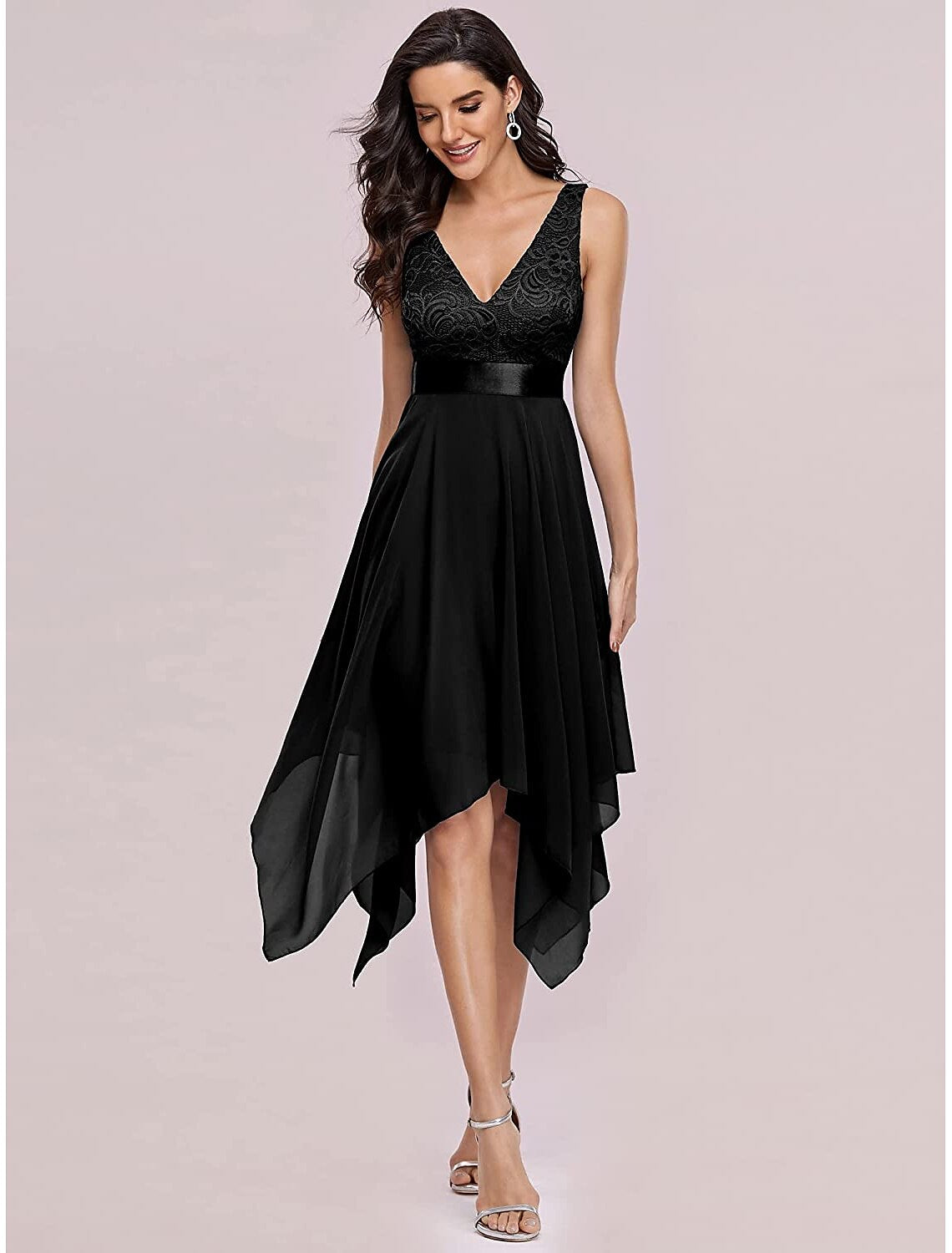 A-Line Cocktail Dresses Elegant Dress Wedding Guest Homecoming Asymmetrical Sleeveless V Neck Chiffon V Back with Pure Color Splicing dress to impress