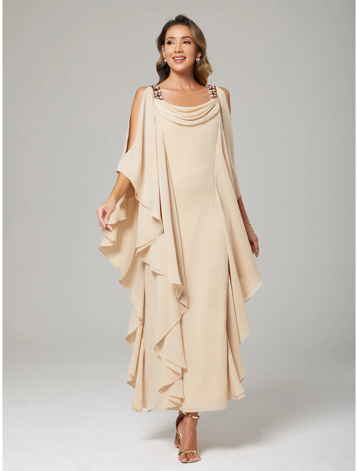 Sheath / Column Mother of the Bride Dress Wedding Guest Elegant Plus Size Crew Neck Floor Length Chiffon Half Sleeve with Beading Cascading Ruffles