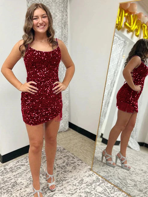 DingJiDress Sexy Fitted Spaghetti Straps Sleeveless Short Velvet Sequin Prom Dress