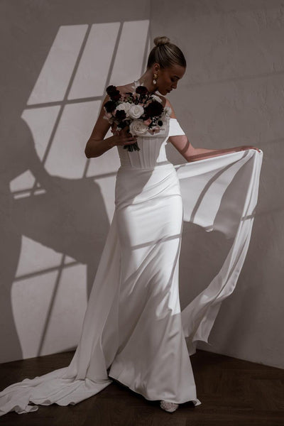 Elegant Mermaid Off the Shoulder Elastic Satin Long Wedding Dresses