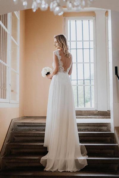 Fairy A Line V Neck Chiffon Lace Long Wedding Dresses