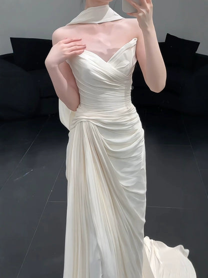 Strapless Pleat Long Wedding Dress Evening Party Dresses